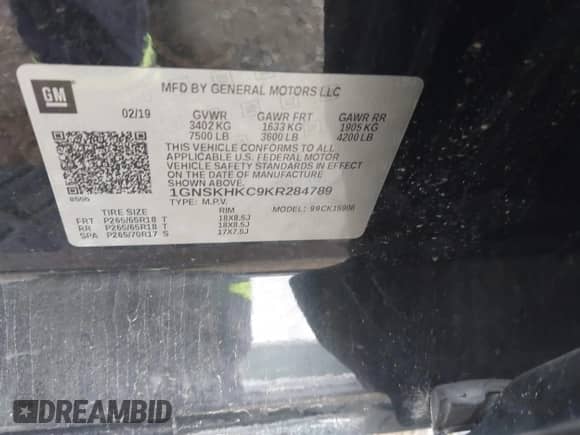 2019 Chevrolet Suburban LT с VIN 1GNSKHKC9KR284789, выставлен на аукционе IAAI как лот 43038703 с пробегом 108 331 миль миль и . История ставок и продаж доступна на DreamBid. Изображение 9.