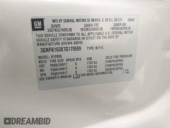 2007 Chevrolet Suburban LT with VIN 3GNFK163X7G179589, listed as a IAAI auction lot 42694031 with 185,599 mi miles and . Bid and sale history available at DreamBid. Image 9.