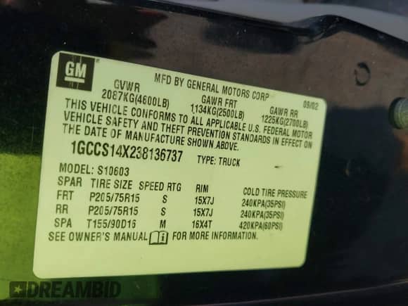2003 Chevrolet S-10 LS с VIN 1GCCS14X238136737, выставлен на аукционе IAAI как лот 42029596 с пробегом 97 551 миль миль и . История ставок и продаж доступна на DreamBid. Изображение 9.