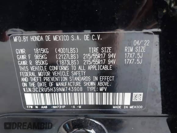 2022 Honda HR-V LX с VIN 3CZRU5H39NM743908, выставлен на аукционе IAAI как лот 42755697 с пробегом 37 470 миль миль и . История ставок и продаж доступна на DreamBid. Изображение 9.