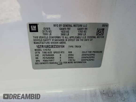 2014 GMC Sierra 1500 SLE with VIN 1GTR1UEC0EZ339164, listed as a Copart auction lot 59934455 with 113,420 mi miles and Salvage title. Bid and sale history available at DreamBid. Image 12.