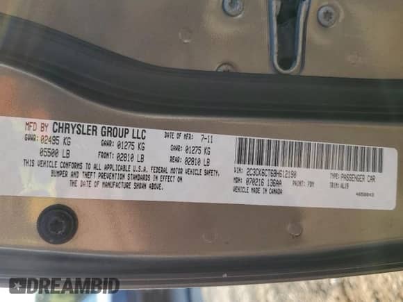 2011 Chrysler 300 C с VIN 2C3CK6CT6BH612190, выставлен на аукционе Copart как лот 53546705 с пробегом 161 462 миль миль и Списание • Salvage title. История ставок и продаж доступна на DreamBid. Изображение 13.