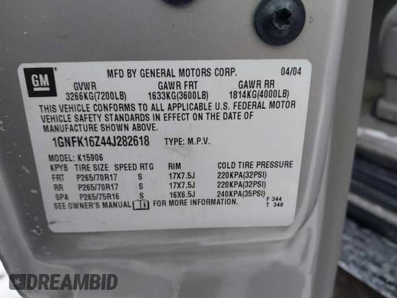 2004 Chevrolet Suburban LS z VIN 1GNFK16Z44J282618, wystawiony jako IAAI lot #41395390 z przebiegiem 125 922 mil mil oraz . Historia ofert i sprzedaży dostępna na DreamBid. Obrazek 9.