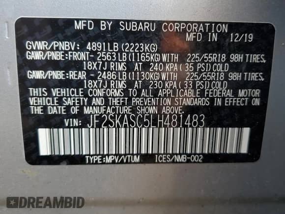 2020 Subaru Forester Limited with VIN JF2SKASC5LH481483, listed as a Copart auction lot 83979135 with 28,720 mi miles and Salvage title. Bid and sale history available at DreamBid. Image 13.