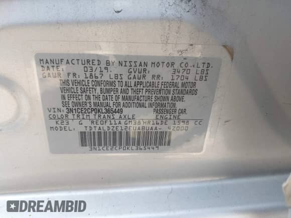 2019 Nissan Note SV с VIN 3N1CE2CP0KL365449, выставлен на аукционе IAAI как лот 42920150 с пробегом 70 603 миль миль и . История ставок и продаж доступна на DreamBid. Изображение 9.