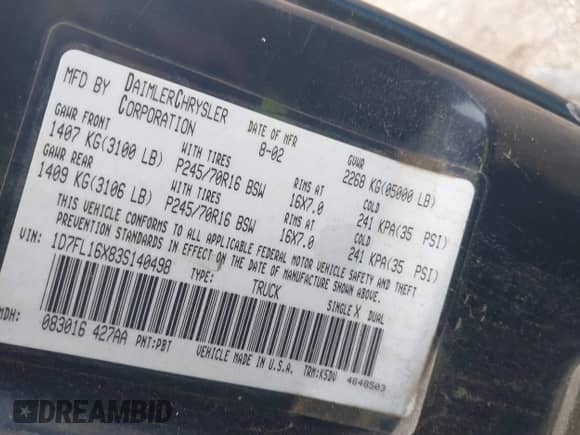2003 Dodge Dakota with VIN 1D7FL16X83S140498, listed as a IAAI auction lot 43294302 with 106,313 mi miles and . Bid and sale history available at DreamBid. Image 9.