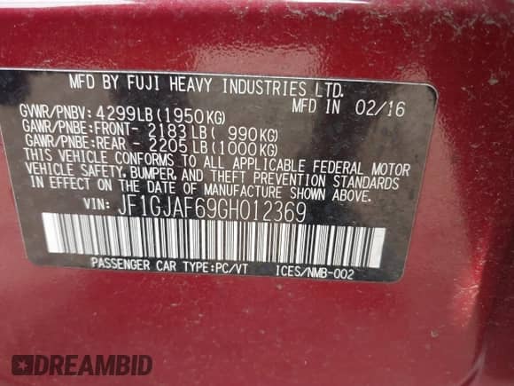 2016 Subaru Impreza Premium с VIN JF1GJAF69GH012369, выставлен на аукционе IAAI как лот 42916177 с пробегом 69 519 миль миль и . История ставок и продаж доступна на DreamBid. Изображение 9.