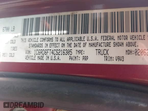 2012 Ram 1500 Express с VIN 1C6RD6FT4CS216305, выставлен на аукционе IAAI как лот 42681674 с пробегом 166 731 миль миль и . История ставок и продаж доступна на DreamBid. Изображение 9.