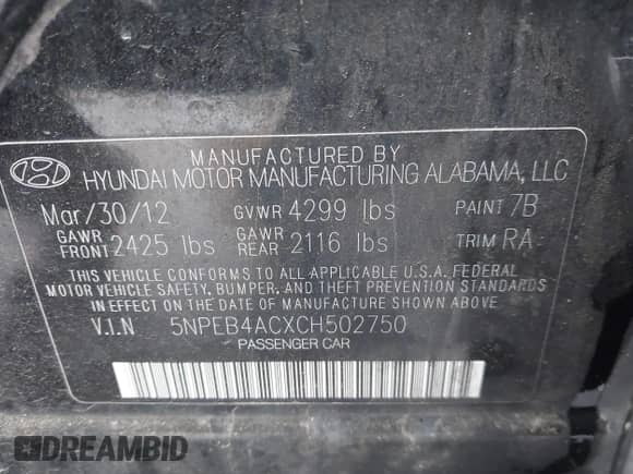 2012 Hyundai Sonata GLS z VIN 5NPEB4ACXCH502750, wystawiony jako IAAI lot #43444268 z przebiegiem 188 861 mil mil oraz . Historia ofert i sprzedaży dostępna na DreamBid. Obrazek 9.