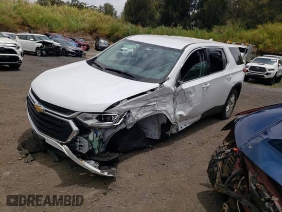 2021 Chevrolet Traverse LS z VIN 1GNERFKW4MJ244368, wystawiony jako Copart lot #58606925 z przebiegiem 34 613 mil mil oraz Szkoda całkowita • Salvage title. Historia ofert i sprzedaży dostępna na DreamBid. Obrazek 1.