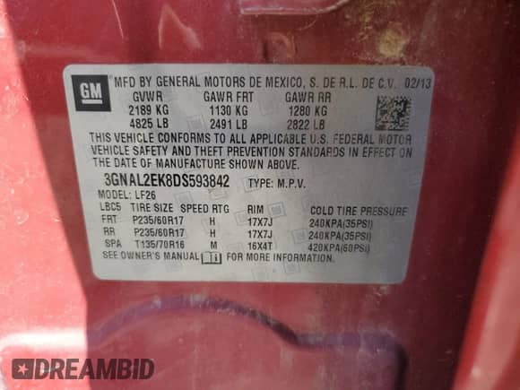 2013 Chevrolet Captiva Sport LS with VIN 3GNAL2EK8DS593842, listed as a Copart auction lot 69703864 with 53,814 mi miles and Salvage title. Bid and sale history available at DreamBid. Image 15.