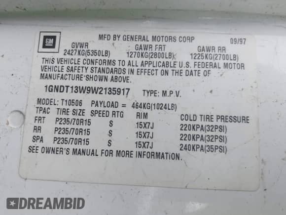 1998 Chevrolet Blazer LS z VIN 1GNDT13W9W2135917, wystawiony jako IAAI lot #43442082 z przebiegiem Nie podano mil oraz . Historia ofert i sprzedaży dostępna na DreamBid. Obrazek 9.