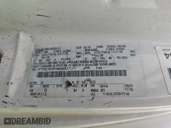 2010 Ford Econoline Cargo Commercial with VIN 1FTNE1EW1ADA91297, listed as a IAAI auction lot 43554414 with Not provided miles and . Bid and sale history available at DreamBid. Image 6.