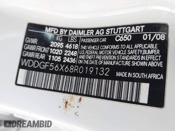2008 Mercedes-Benz C 350 Sport with VIN WDDGF56X68R019132, listed as a IAAI auction lot 43359392 with 124,048 mi miles and . Bid and sale history available at DreamBid. Image 9.