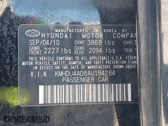 2010 Hyundai Elantra SE with VIN KMHDU4AD8AU184284, listed as a IAAI auction lot 41652416 with 180,110 mi miles and . Bid and sale history available at DreamBid. Image 9.