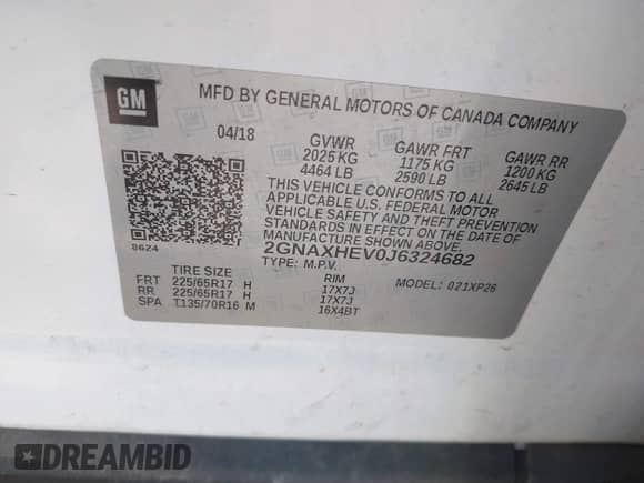 2018 Chevrolet Equinox LS с VIN 2GNAXHEV0J6324682, выставлен на аукционе IAAI как лот 43113033 с пробегом 167 706 миль миль и . История ставок и продаж доступна на DreamBid. Изображение 9.