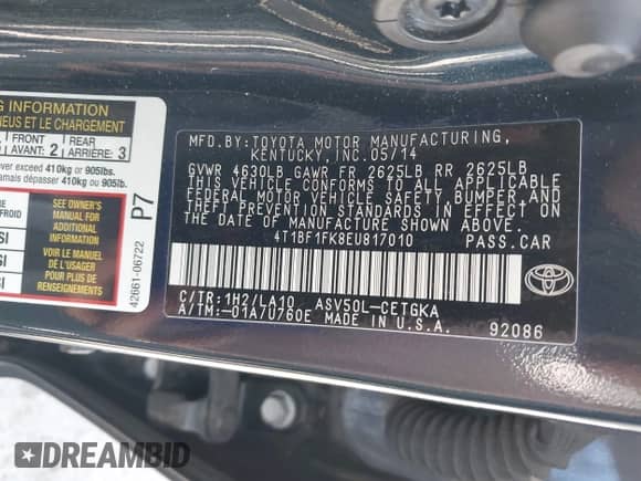 2014 Toyota Camry SE с VIN 4T1BF1FK8EU817010, выставлен на аукционе IAAI как лот 43076610 с пробегом 140 857 миль миль и . История ставок и продаж доступна на DreamBid. Изображение 9.