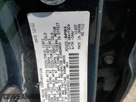 2003 Toyota Highlander с VIN JTEHD21A430021380, выставлен на аукционе Copart как лот 62620054 с пробегом Не указан миль и Чистый • Clean title. История ставок и продаж доступна на DreamBid. Изображение 16.