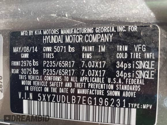 2014 Hyundai Santa Fe с VIN 5XYZUDLB7EG196231, выставлен на аукционе IAAI как лот 42819243 с пробегом 153 795 миль миль и . История ставок и продаж доступна на DreamBid. Изображение 9.