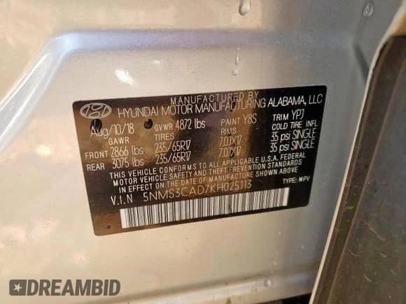 2019 Hyundai Santa Fe SEL with VIN 5NMS3CAD7KH025113, listed as a Copart auction lot 65915102 with 24,584 mi miles and . Bid and sale history available at DreamBid. Image 10.