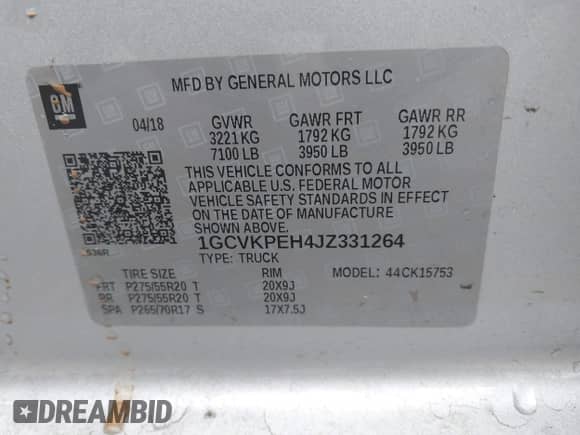 2018 Chevrolet Silverado 1500 Custom with VIN 1GCVKPEH4JZ331264, listed as a IAAI auction lot 41450371 with 83,411 mi miles and . Bid and sale history available at DreamBid. Image 9.