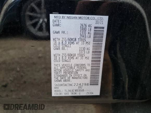 2022 Nissan Pathfinder S with VIN 5N1DR3AC3NC224298, listed as a Copart auction lot 82920974 with 37,515 mi miles and Salvage title. Bid and sale history available at DreamBid. Image 12.