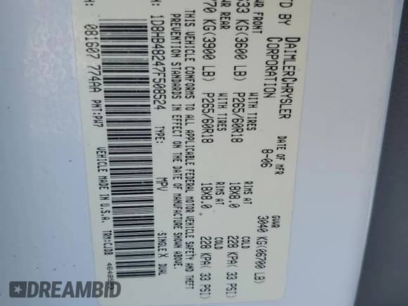 2007 Dodge Durango SLT z VIN 1D8HB48247F508524, wystawiony jako Copart lot #42087275 z przebiegiem 143 615 mil mil oraz Szkoda całkowita • Salvage title. Historia ofert i sprzedaży dostępna na DreamBid. Obrazek 13.