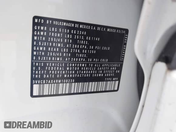 2024 Volkswagen Tiguan SE R-Line Black с VIN 3VVCB7AX4RM108239, выставлен на аукционе IAAI как лот 42265079 с пробегом Не указан миль и . История ставок и продаж доступна на DreamBid. Изображение 9.