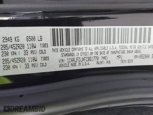2015 Jeep Grand Cherokee SRT with VIN 1C4RJFDJXFC861770, listed as a IAAI auction lot 41698296 with 74,135 mi miles and . Bid and sale history available at DreamBid. Image 9.
