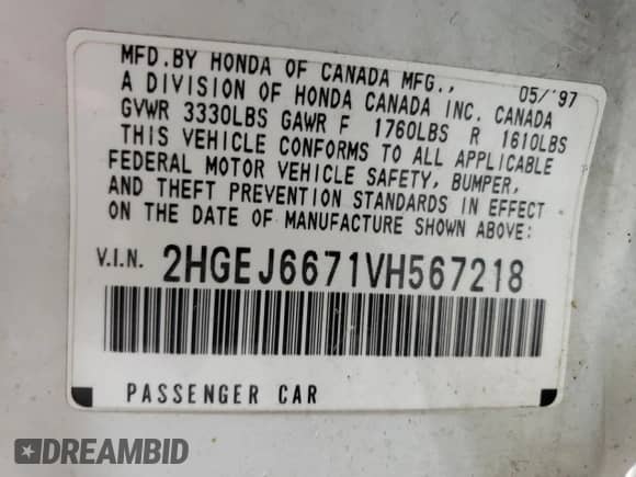 1997 Honda Civic z VIN DPSMN179000, wystawiony jako Copart lot #63141034 z przebiegiem Nie podano mil oraz Czysty tytuł • Clean title. Historia ofert i sprzedaży dostępna na DreamBid. Obrazek 13.