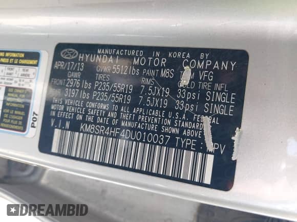 2013 Hyundai Santa Fe Limited с VIN KM8SR4HF4DU010037, выставлен на аукционе IAAI как лот 42845180 с пробегом 258 501 миль миль и . История ставок и продаж доступна на DreamBid. Изображение 9.