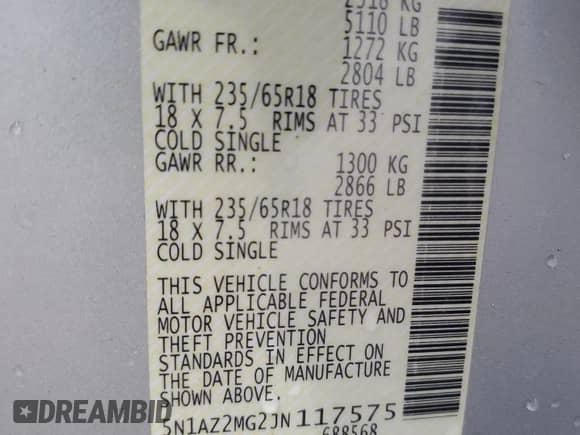 2018 Nissan Murano SL z VIN 5N1AZ2MG2JN117575, wystawiony jako Copart lot #69819505 z przebiegiem 102 597 mil mil oraz Szkoda całkowita • Salvage title. Historia ofert i sprzedaży dostępna na DreamBid. Obrazek 14.