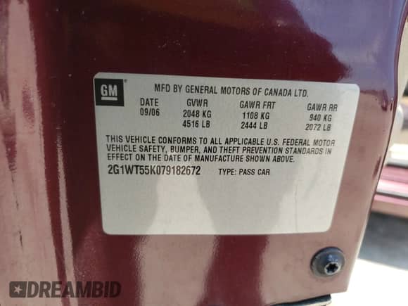 2007 Chevrolet Impala LT with VIN 2G1WT55K079182672, listed as a Copart auction lot 51529195 with 246,255 mi miles and Salvage title. Bid and sale history available at DreamBid. Image 10.
