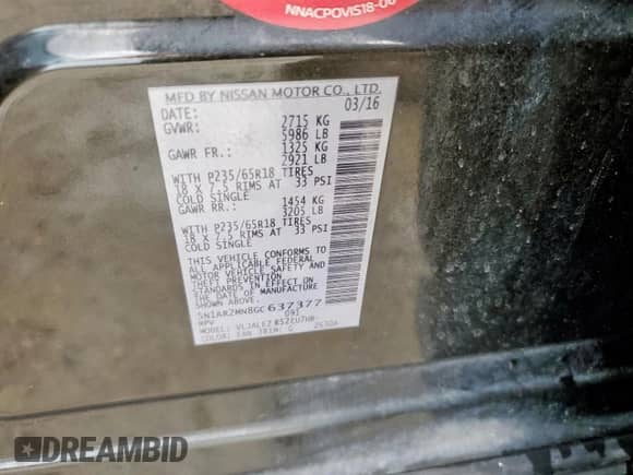 2016 Nissan Pathfinder S с VIN 5N1AR2MN8GC637377, выставлен на аукционе Copart как лот 82145035 с пробегом 174 420 миль миль и Списание • Salvage title. История ставок и продаж доступна на DreamBid. Изображение 12.