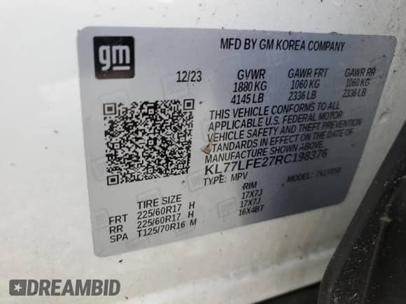 2024 Chevrolet Trax LS z VIN KL77LFE27RC198376, wystawiony jako Copart lot #85663115 z przebiegiem 15 791 mil mil oraz Nie do naprawy • Non repairable. Historia ofert i sprzedaży dostępna na DreamBid. Obrazek 13.