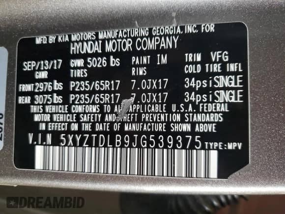2018 Hyundai Santa Fe 2.4L с VIN 5XYZTDLB9JG539375, выставлен на аукционе Copart как лот 87095765 с пробегом 149 927 миль миль и Чистый • Clean title. История ставок и продаж доступна на DreamBid. Изображение 13.