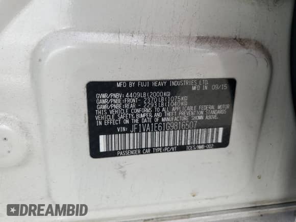 2016 Subaru WRX Premium with VIN JF1VA1E61G9816507, listed as a Copart auction lot 83974475 with 89,548 mi miles and Salvage title. Bid and sale history available at DreamBid. Image 12.