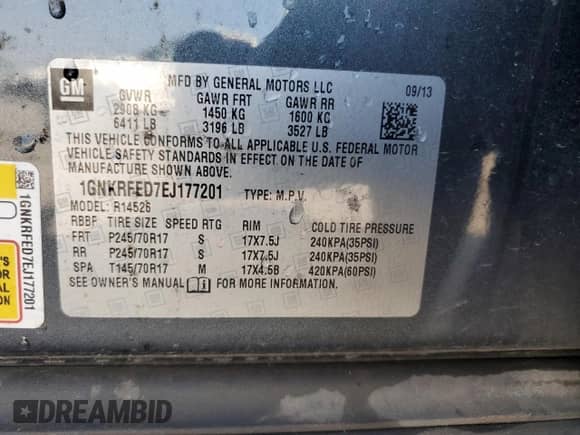 2014 Chevrolet Traverse LS with VIN 1GNKRFED7EJ177201, listed as a Copart auction lot 80066425 with 180,151 mi miles and Salvage title. Bid and sale history available at DreamBid. Image 14.