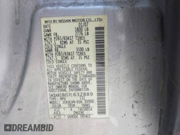2007 Nissan Pathfinder S z VIN 5N1AR18U57C632889, wystawiony jako IAAI lot #42902867 z przebiegiem 169 712 mil mil oraz . Historia ofert i sprzedaży dostępna na DreamBid. Obrazek 9.