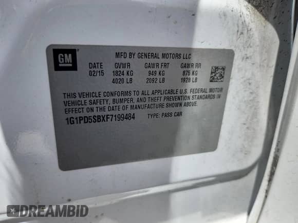 2015 Chevrolet Cruze LT z VIN 1G1PD5SBXF7199484, wystawiony jako Copart lot #63982425 z przebiegiem 97 856 mil mil oraz Szkoda całkowita • Salvage title. Historia ofert i sprzedaży dostępna na DreamBid. Obrazek 12.