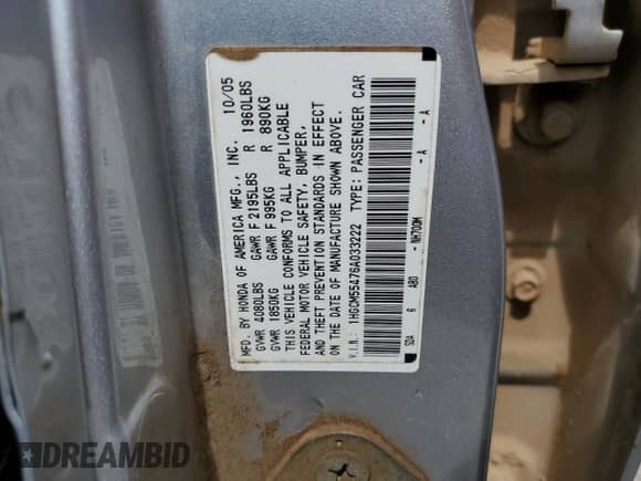 2006 Honda Accord LX with VIN 1HGCM55476A033222, listed as a Copart auction lot 54776805 with 144,163 mi miles and Salvage title. Bid and sale history available at DreamBid. Image 12.