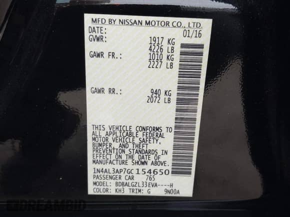 2016 Nissan Altima S with VIN 1N4AL3AP7GC154650, listed as a IAAI auction lot 43531212 with 129,050 mi miles and . Bid and sale history available at DreamBid. Image 9.