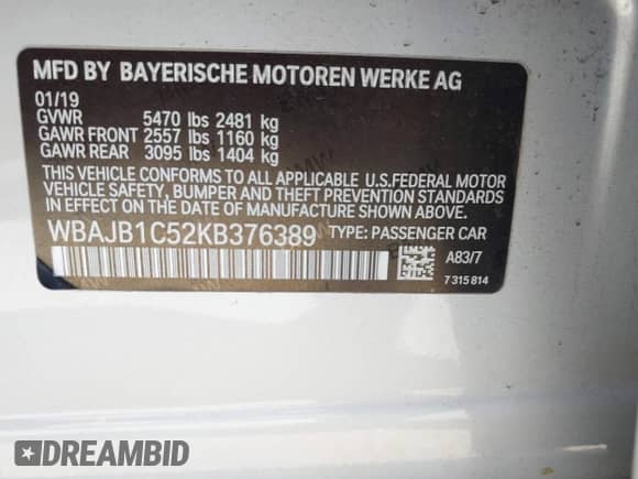 2019 BMW 5 Series 530e xDrive z VIN WBAJB1C52KB376389, wystawiony jako IAAI lot #42918926 z przebiegiem Nie podano mil oraz . Historia ofert i sprzedaży dostępna na DreamBid. Obrazek 9.