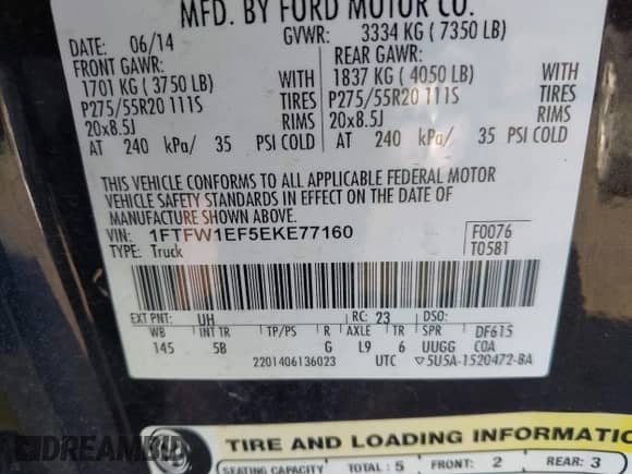 2014 Ford F-150 FX4 with VIN 1FTFW1EF5EKE77160, listed as a IAAI auction lot 43192616 with 220,662 mi miles and . Bid and sale history available at DreamBid. Image 9.