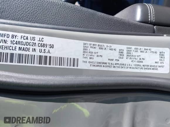 2021 Dodge Durango GT Plus with VIN 1C4RDJDG2MC689150, listed as a IAAI auction lot 41638093 with 46,429 mi miles and . Bid and sale history available at DreamBid. Image 9.