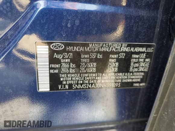 2022 Hyundai Santa Fe SEL с VIN 5NMS24AJ0NH391093, выставлен на аукционе Copart как лот 71470675 с пробегом 41 014 миль миль и Списание • Salvage title. История ставок и продаж доступна на DreamBid. Изображение 13.