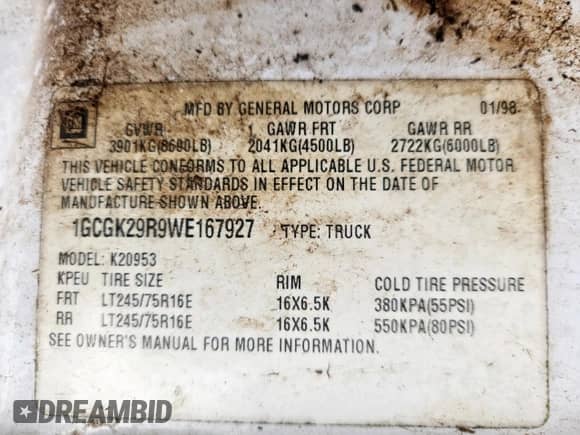 1998 Chevrolet Silverado 2500 with VIN 1GCGK29R9WE167927, listed as a Copart auction lot 81148795 with 193,988 mi miles and Clean title. Bid and sale history available at DreamBid. Image 12.