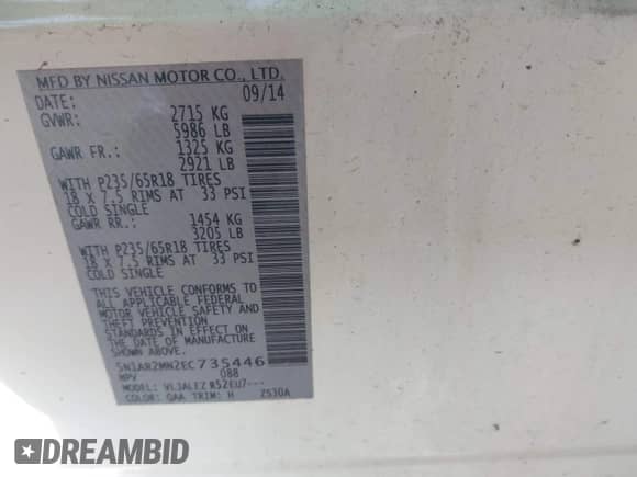 2014 Nissan Pathfinder SV z VIN 5N1AR2MN2EC735446, wystawiony jako IAAI lot #41893013 z przebiegiem 149 799 mil mil oraz . Historia ofert i sprzedaży dostępna na DreamBid. Obrazek 9.