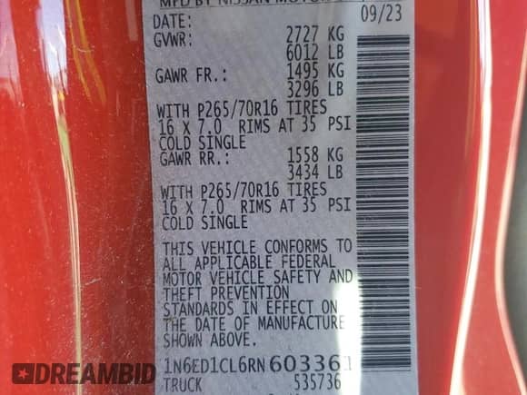 2024 Nissan Frontier S с VIN 1N6ED1CL6RN603361, выставлен на аукционе Copart как лот 62126505 с пробегом 13 996 миль миль и Списание • Salvage title. История ставок и продаж доступна на DreamBid. Изображение 12.