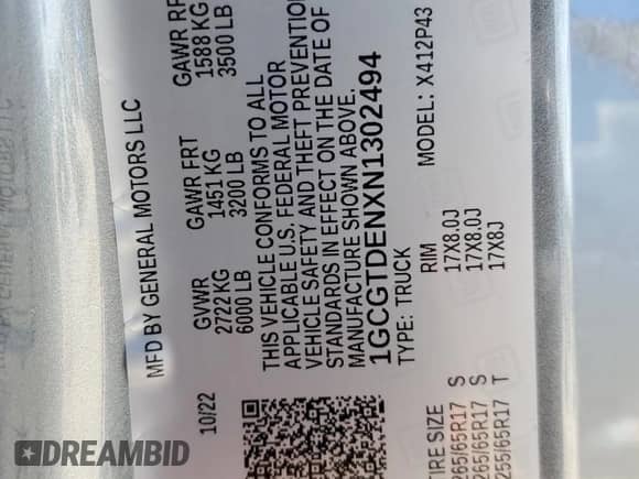 2022 Chevrolet Colorado 4WD Z71 with VIN 1GCGTDENXN1302494, listed as a Copart auction lot 71361025 with 47,883 mi miles and Salvage title. Bid and sale history available at DreamBid. Image 12.